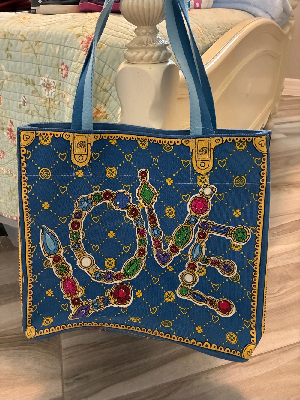Brighton Cream Tote with Blue Straps and Multicolor Jewel Motifs - Picture 2 of 6